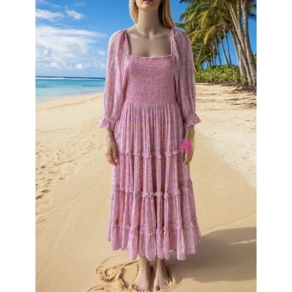 LOVESHACKFANCY Capri Tiered Shirred Midi Dress Size M | Romantic Floral | Fairy - Picture 6 of 13